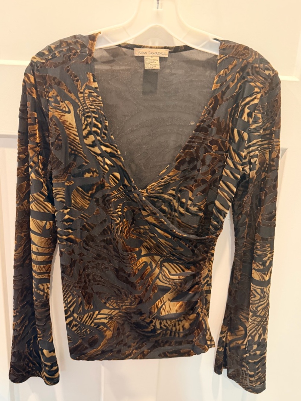 Susan Lawrence Sheer Mesh Wrap Top Small Brown Black Burnout Velvet Long Sleeve